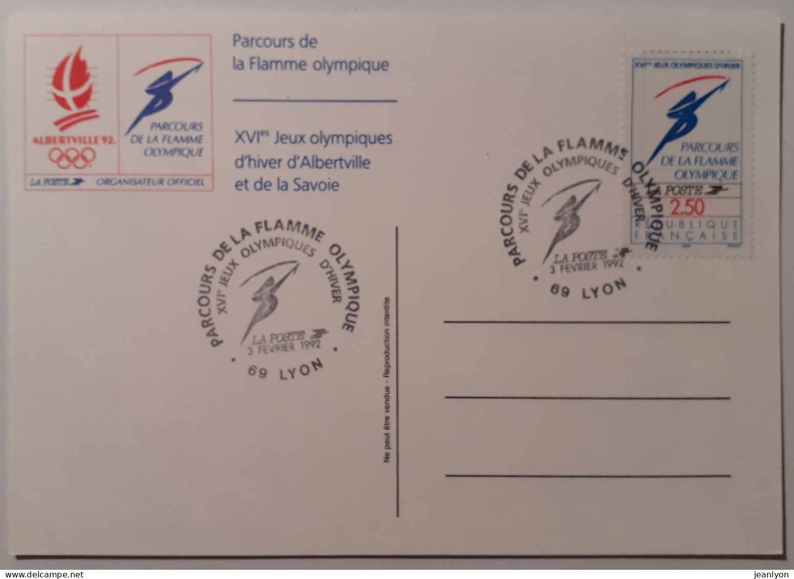 JEUX OLYMPIQUES HIVER ALBERTVILLE 1992 - Parcours Flamme - Carte Avec Timbre Et Cachet Commémoratif LYON Au Verso - Jeux Olympiques