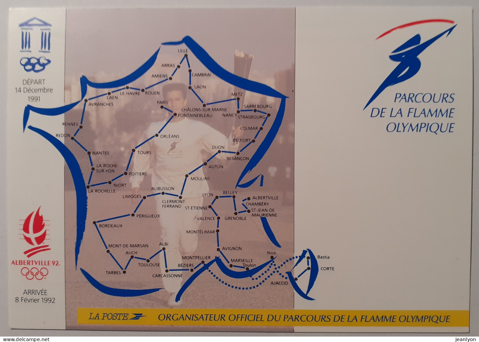 JEUX OLYMPIQUES HIVER ALBERTVILLE 1992 - Parcours Flamme - Carte Avec Timbre Et Cachet Commémoratif LYON Au Verso - Giochi Olimpici