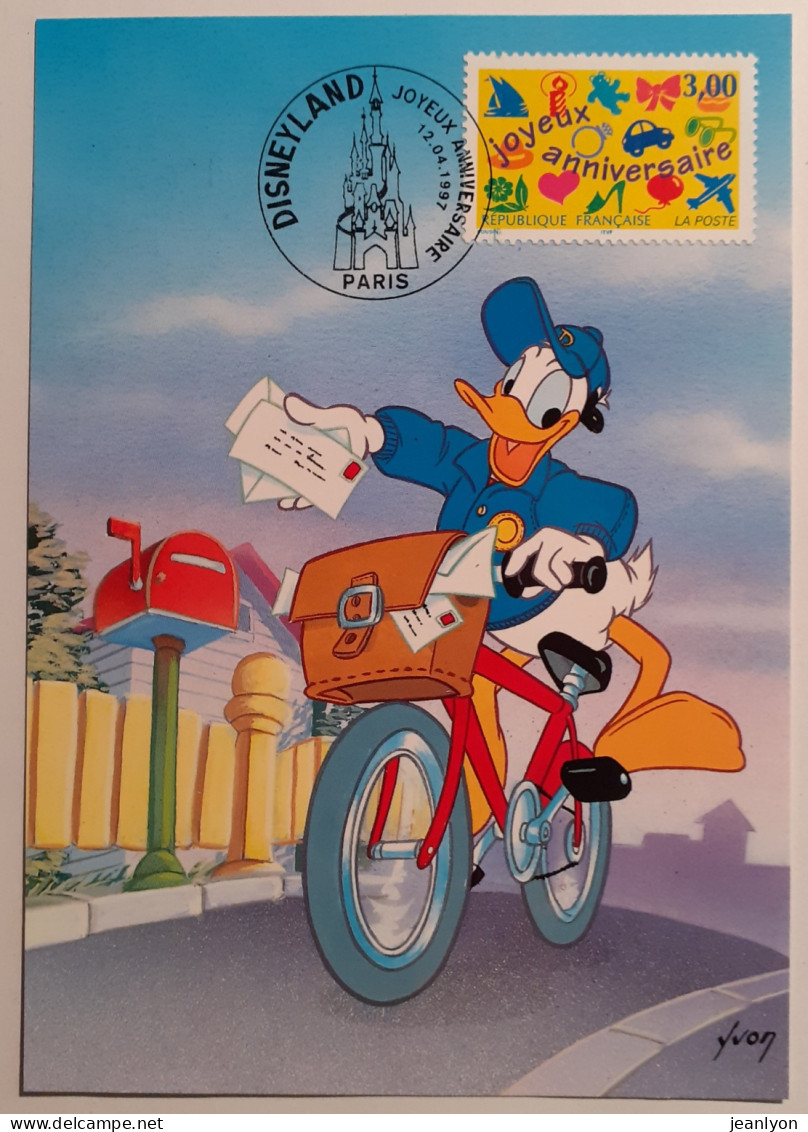 DONALD / Facteur à Vélo - Disneyland - Carte Philatélique Avec Entier Postal Au Verso - Disneyland