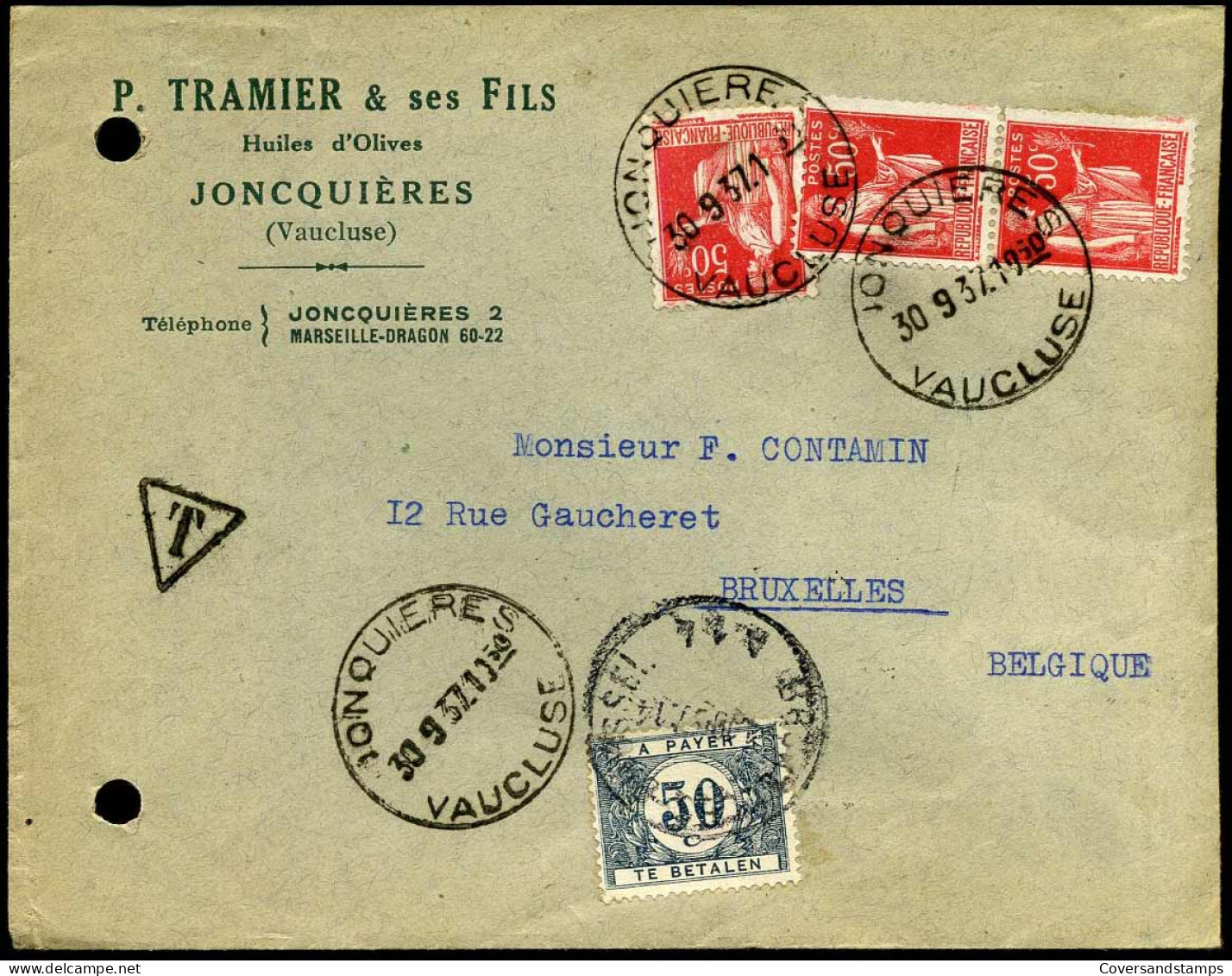 Cover Uit Frankrijk - Strafport / Taxe - TX39 - "P. Tramier & Ses Fils, Joncquières" - Briefe U. Dokumente