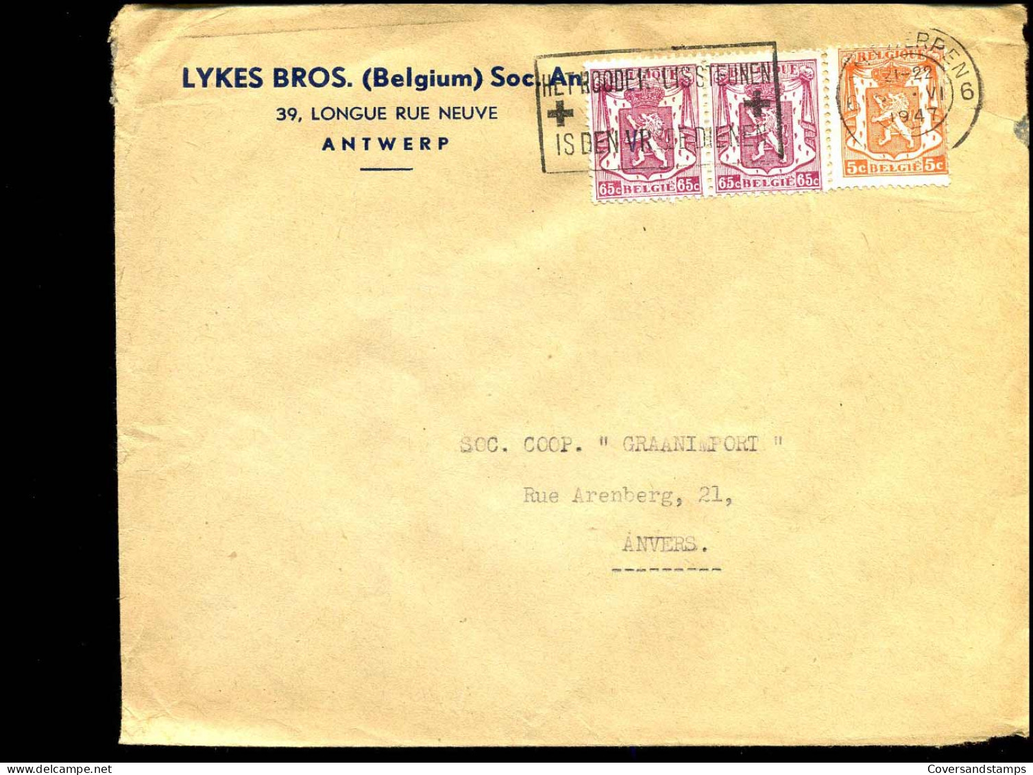 Cover Van En Naar Antwerpen - "Lykes Bros (Belgium) Soc. An., Antwerpen" - 1935-1949 Small Seal Of The State