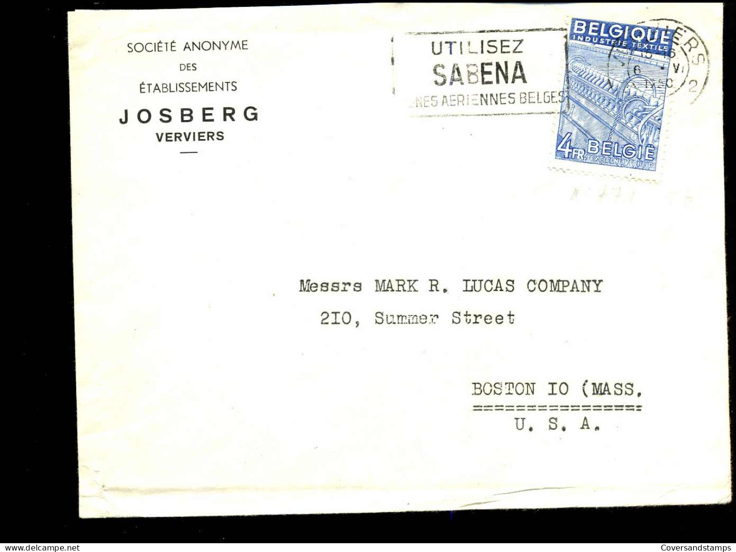 Cover Van Verviers Naar Boston, Massachusetts, U.S.A. - "S.A. Josberg, Verviers" - 1948 Esportazione