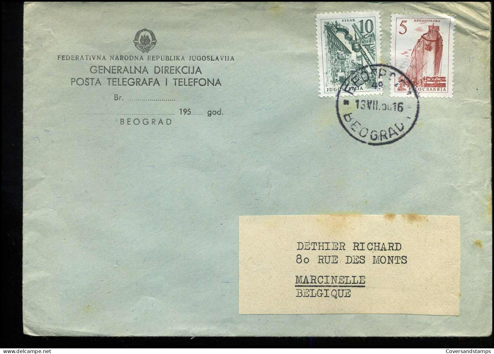 Cover From Yugoslavia To Marcinelle, Belgium - Briefe U. Dokumente