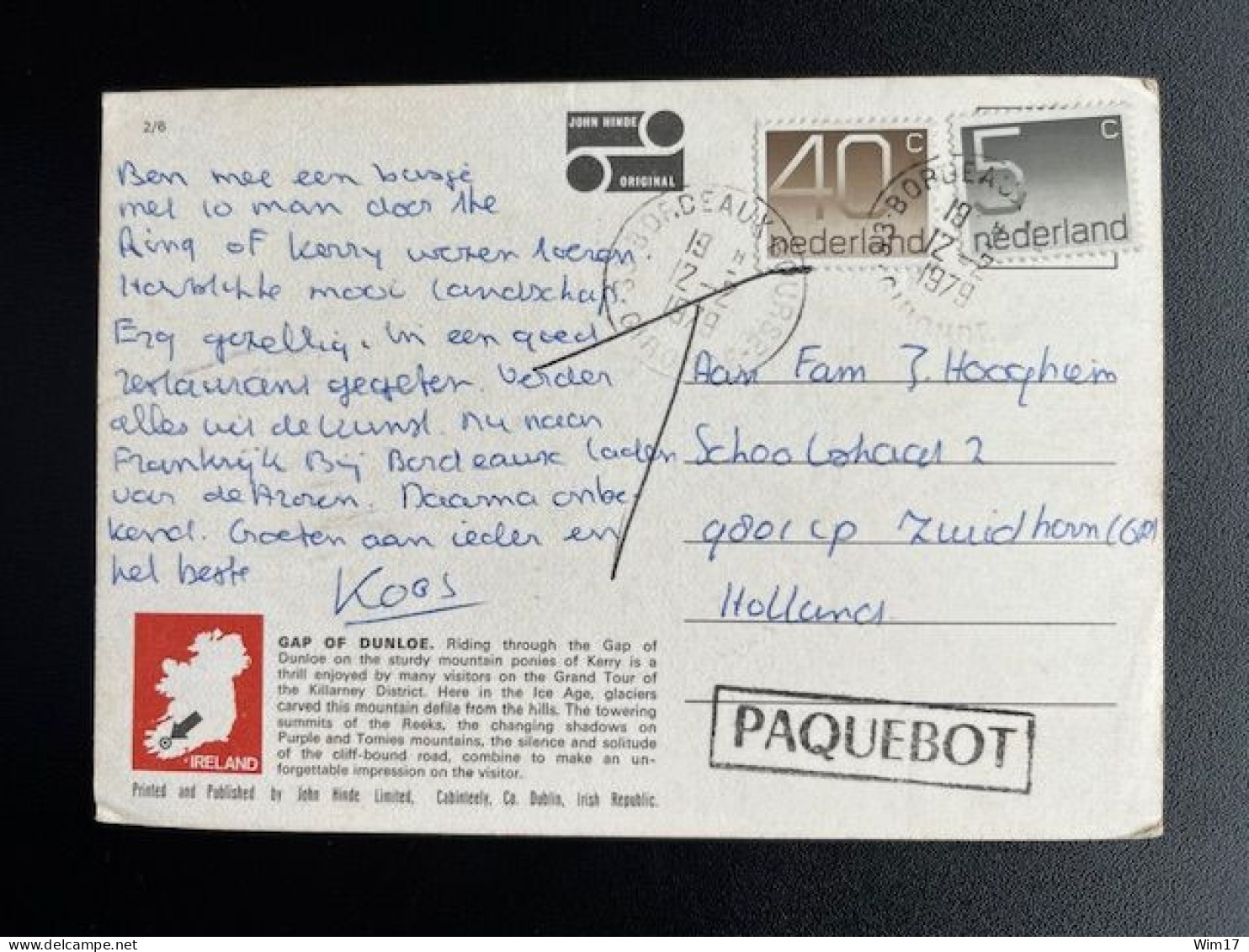 NETHERLANDS 1979 POSTCARD BORDEAUX TO ZUIDHORN 12-02-1979 NEDERLAND PAQUEBOT - Covers & Documents