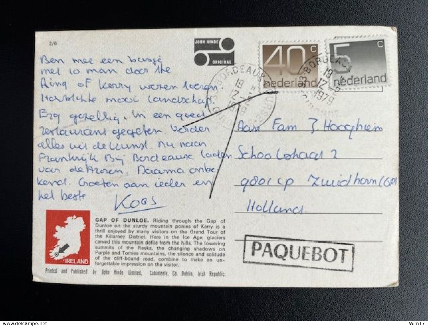 NETHERLANDS 1979 POSTCARD BORDEAUX TO ZUIDHORN 12-02-1979 NEDERLAND PAQUEBOT - Lettres & Documents