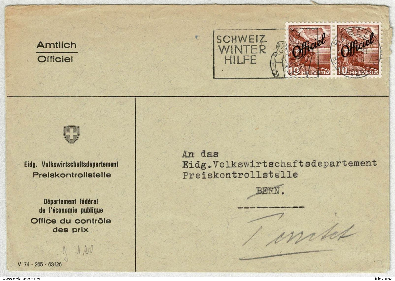 Schweiz 1949, Brief Amtlich Basel - Bern, Nachsendung Territet, Neue Landschaftsbilder Officiel, Preiskontrollstelle - Officials
