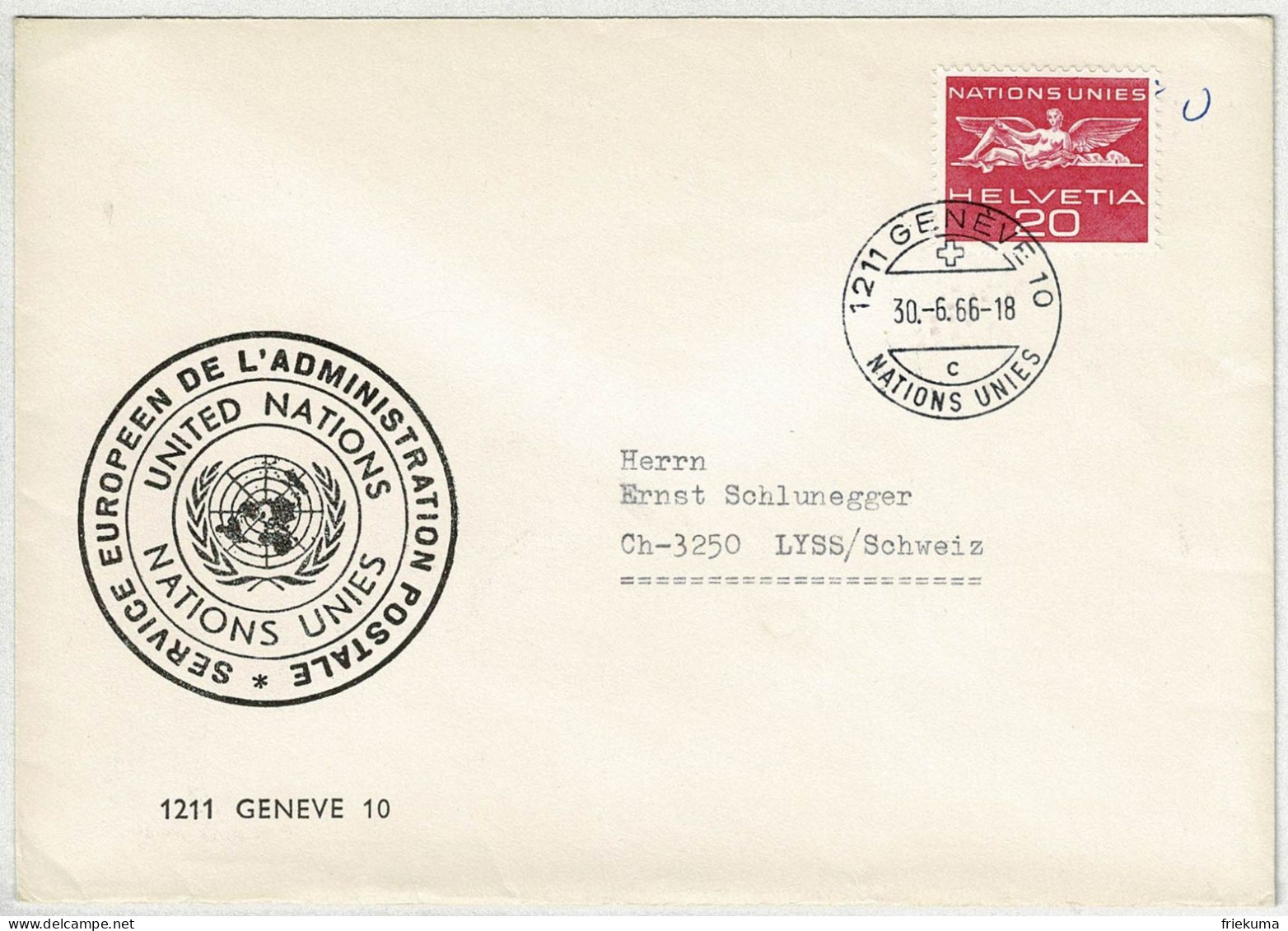 Schweiz 1966, Brief Genève - Lyss, Dienstmarke Nations Unies / UNO - Oficial