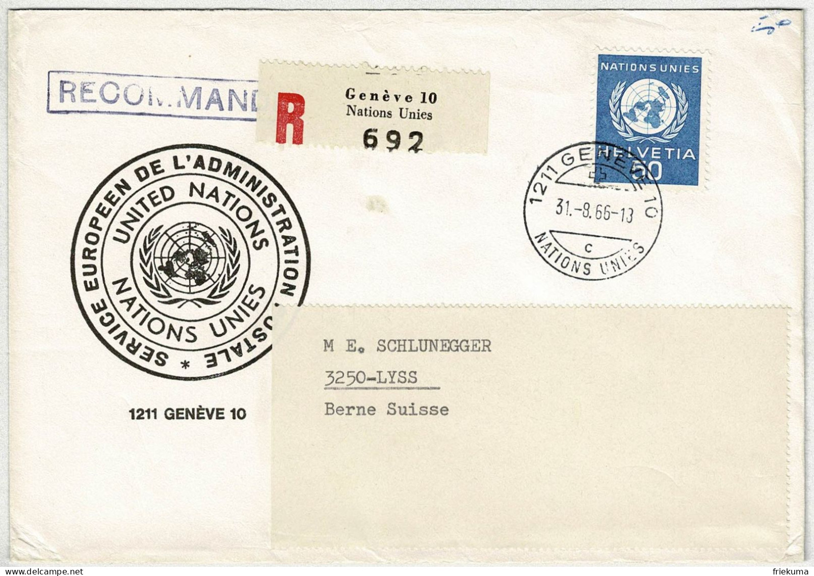 Schweiz 1966, Brief Einschreiben Genève - Lyss, Dienstmarke Nations Unies / UNO - Oficial