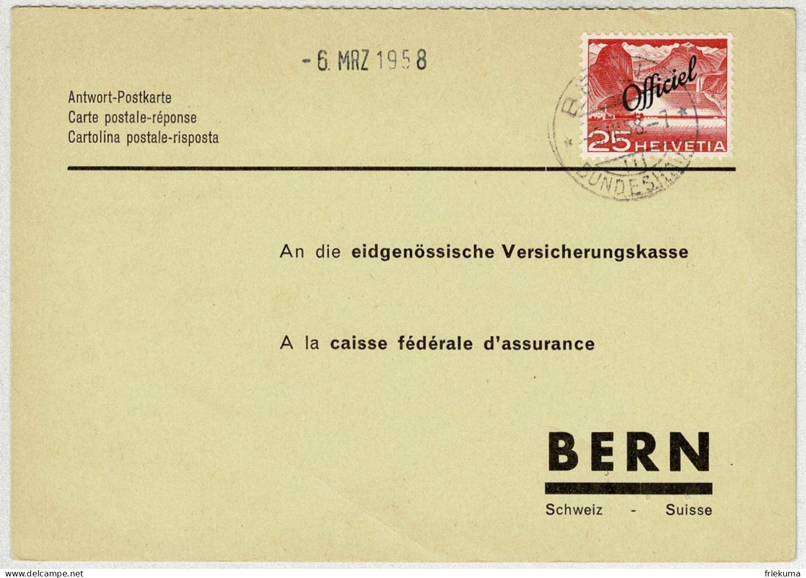 Schweiz 1958, Antwort-Postkarte Bern, Technik Und Landschaft Officiel - Officials