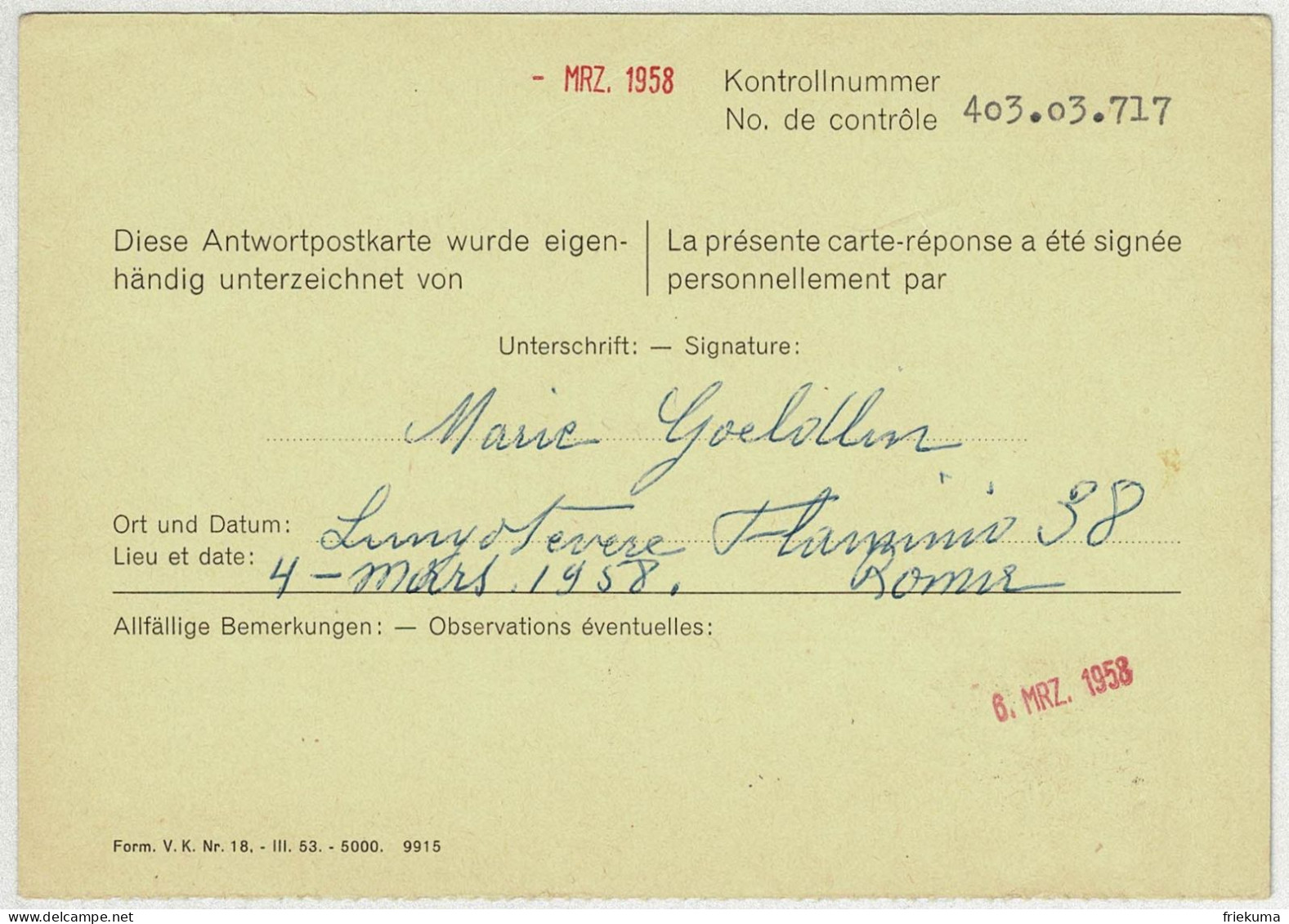 Schweiz 1958, Antwort-Postkarte Bern, Technik Und Landschaft Officiel - Officials