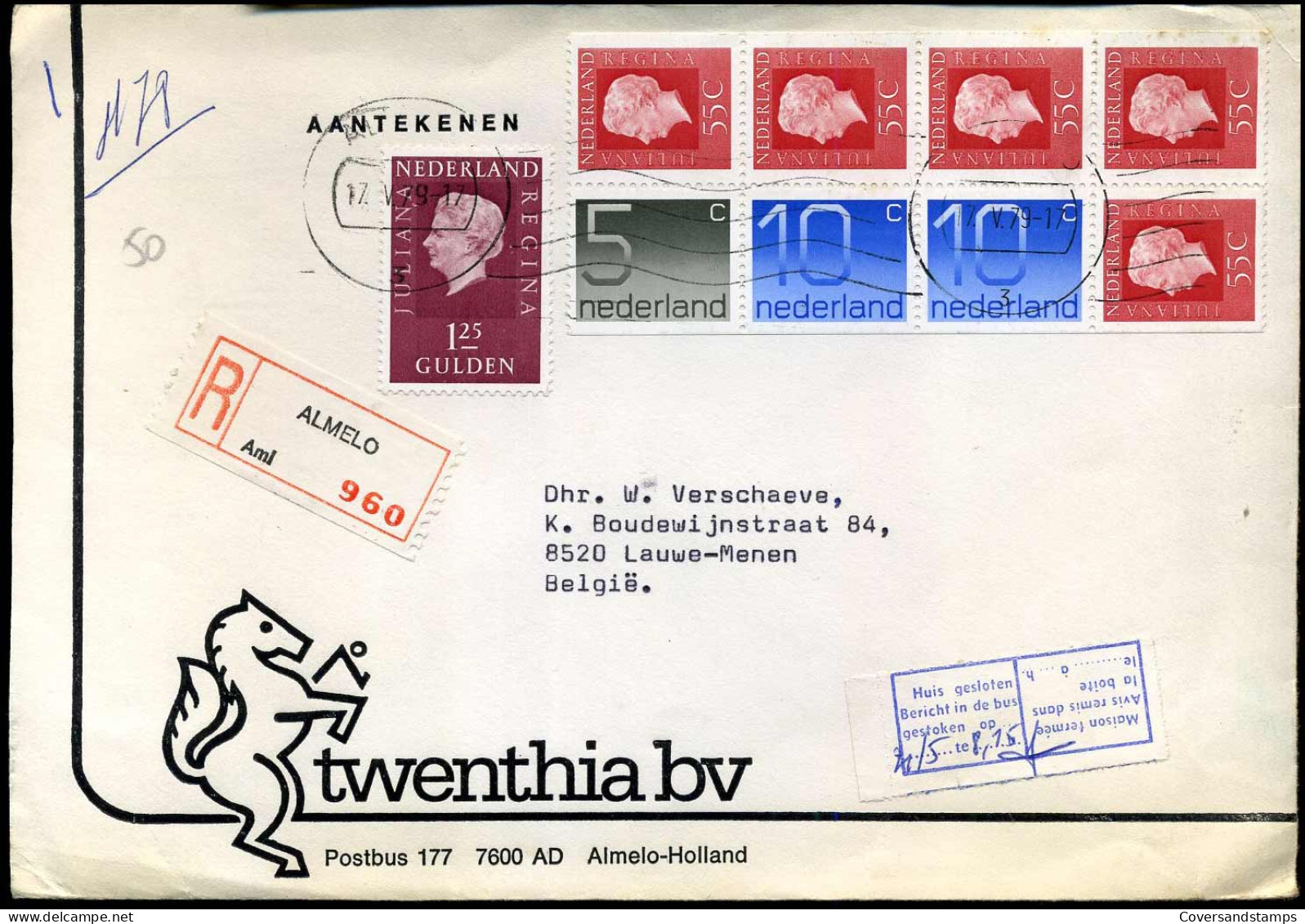 Aangetekende Cover Naar Lauwe-Menen, België - "Twenthia Bv, Almelo" - Brieven En Documenten