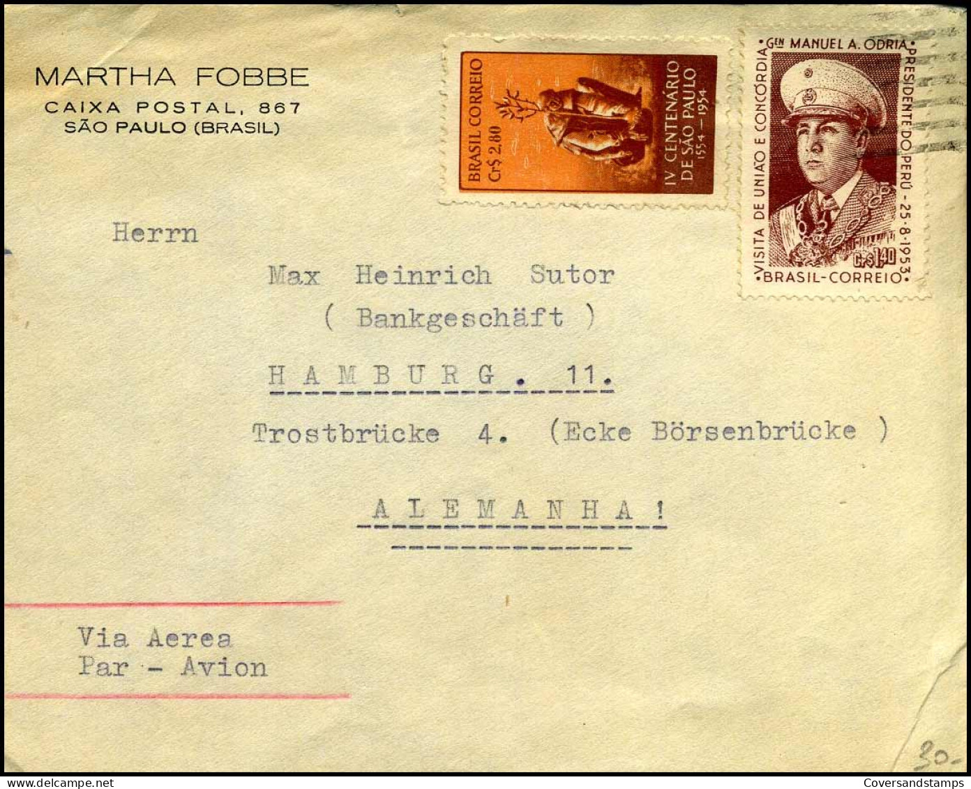 Cover To Hamburg, Germany - "Martha Fobbe, Sao Paulo" - Lettres & Documents
