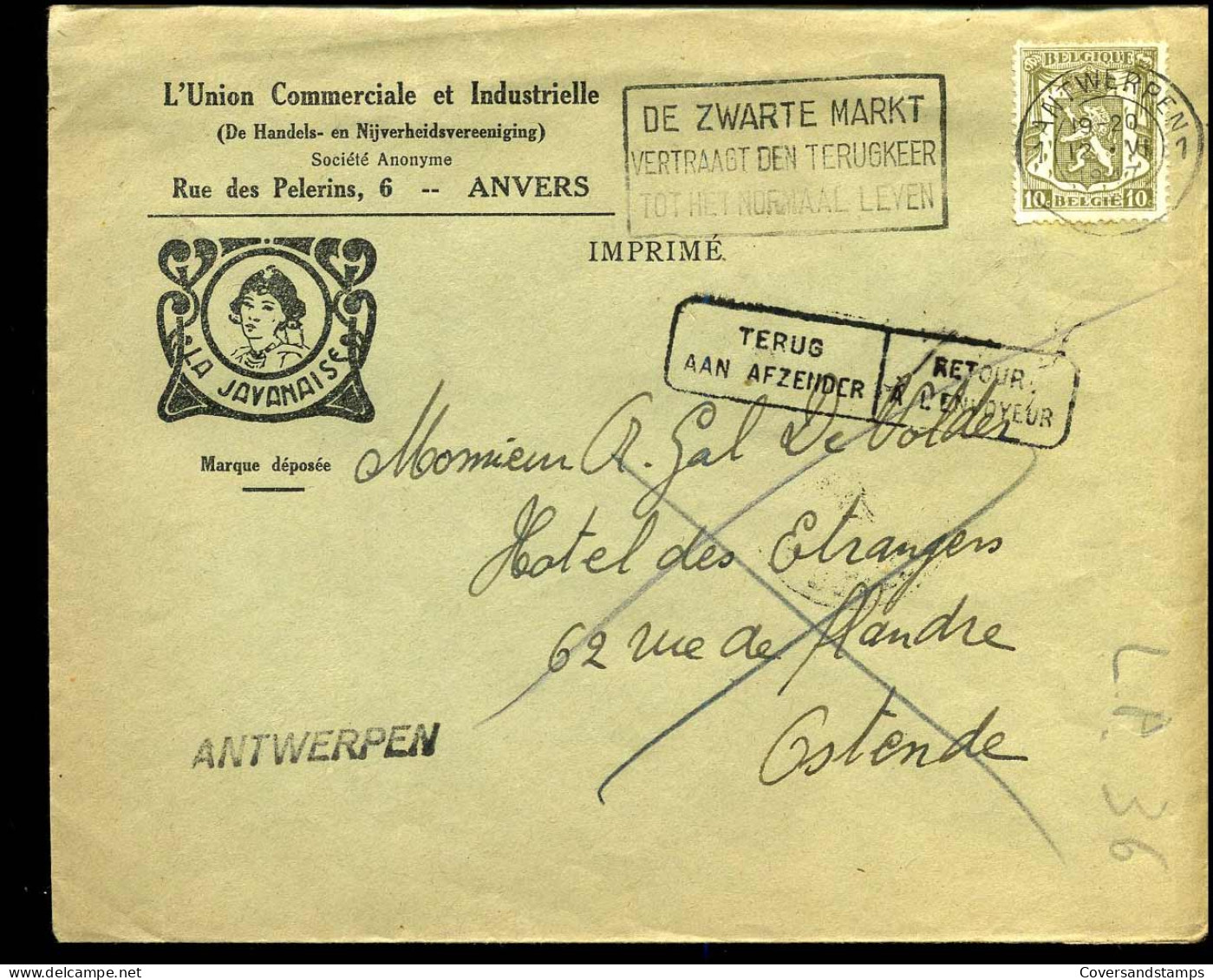 Cover Naar Oostende - 'L'Union Commerciale Et Industrielle, Anvers"  -- La Javanais - 1935-1949 Small Seal Of The State