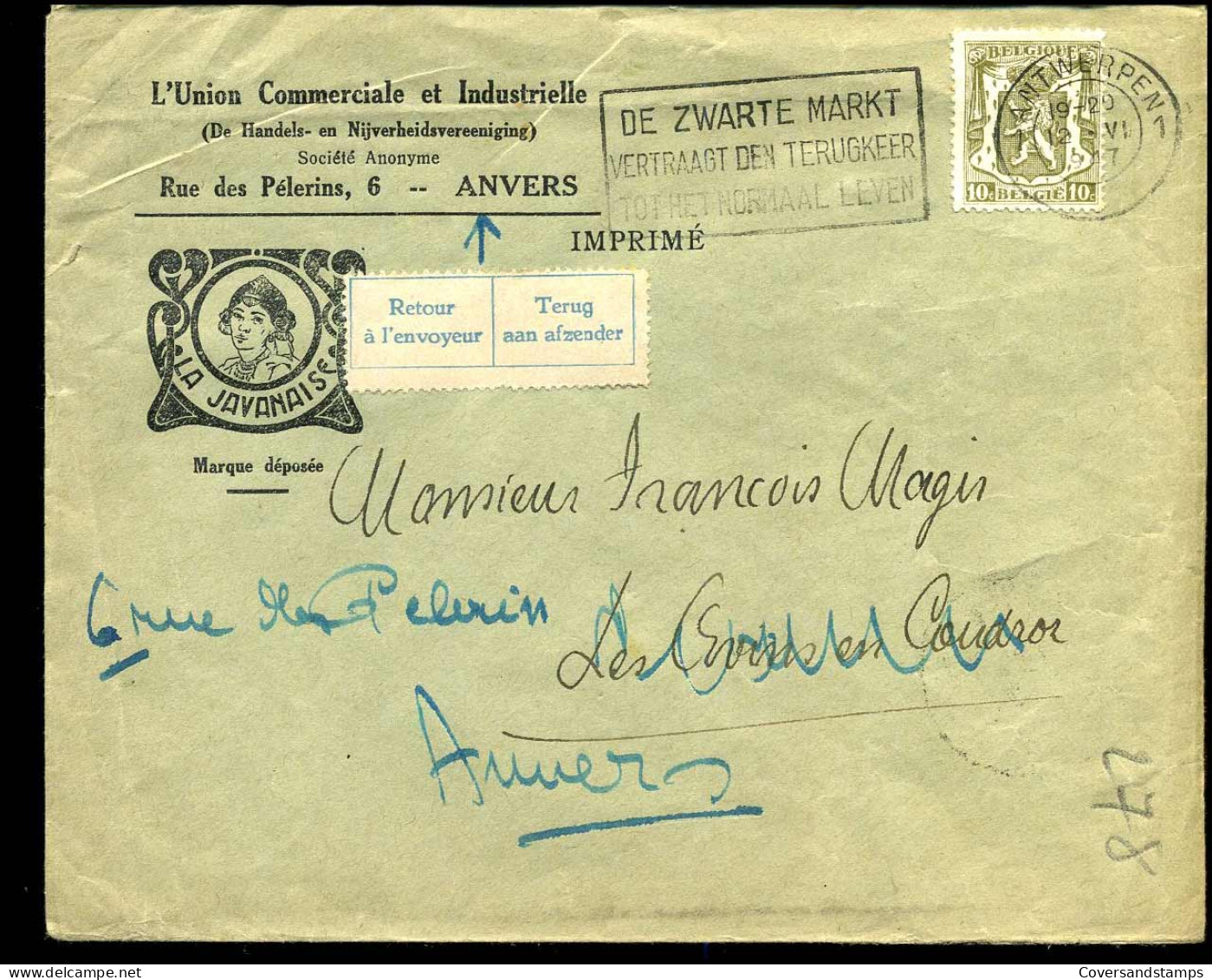 Cover Naar Les Avins En Condroz - 'L'Union Com. Et Industrielle, Anvers"  -- La Javanais -- Terug Aan Afzender/Retour .. - 1935-1949 Small Seal Of The State