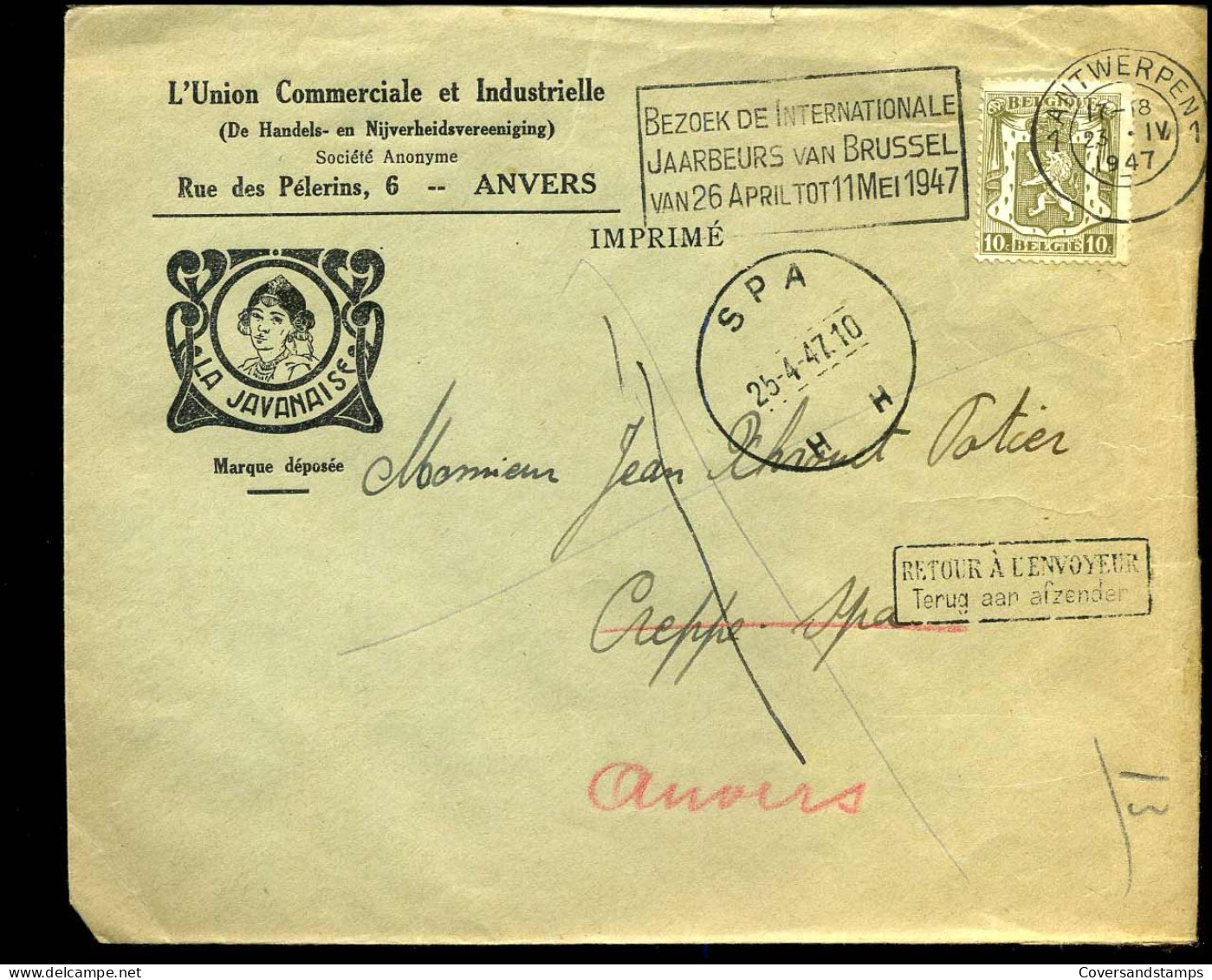 Cover Naar Creppe Spa - 'L'Union Com. Et Industrielle, Anvers"  -- La Javanais -- Terug Aan Afzender/Retour .. - 1935-1949 Small Seal Of The State