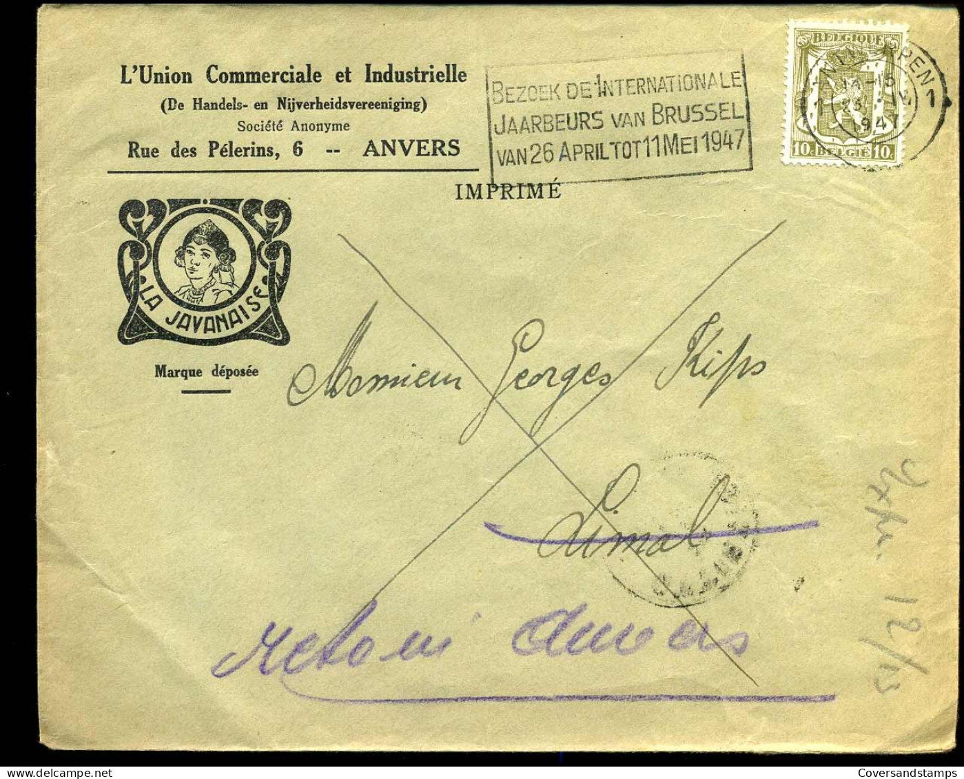 Cover Naar Limal - 'L'Union Com. Et Industrielle, Anvers"  -- La Javanais -- Terug Aan Afzender/Retour .. - 1935-1949 Small Seal Of The State