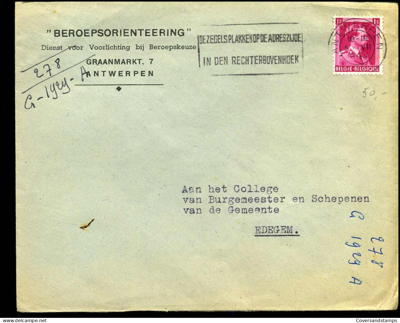 Cover Naar Edegem - "Beroepsorienteering, Dienst Voor Voorlichting Bij Beroepskeuze, Antwerpen" - 1936-1957 Open Collar