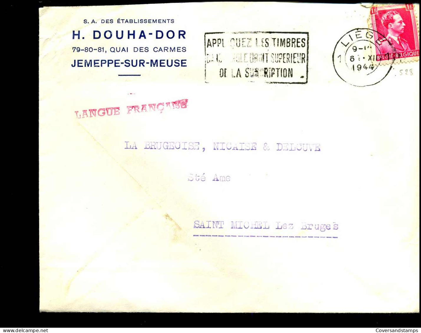 Cover Naar Saint Michel Lez Bruges - "S.A. Des établissements H. Douha-Dor, Jemeppe-sur-Meuse" - 1936-1957 Open Collar
