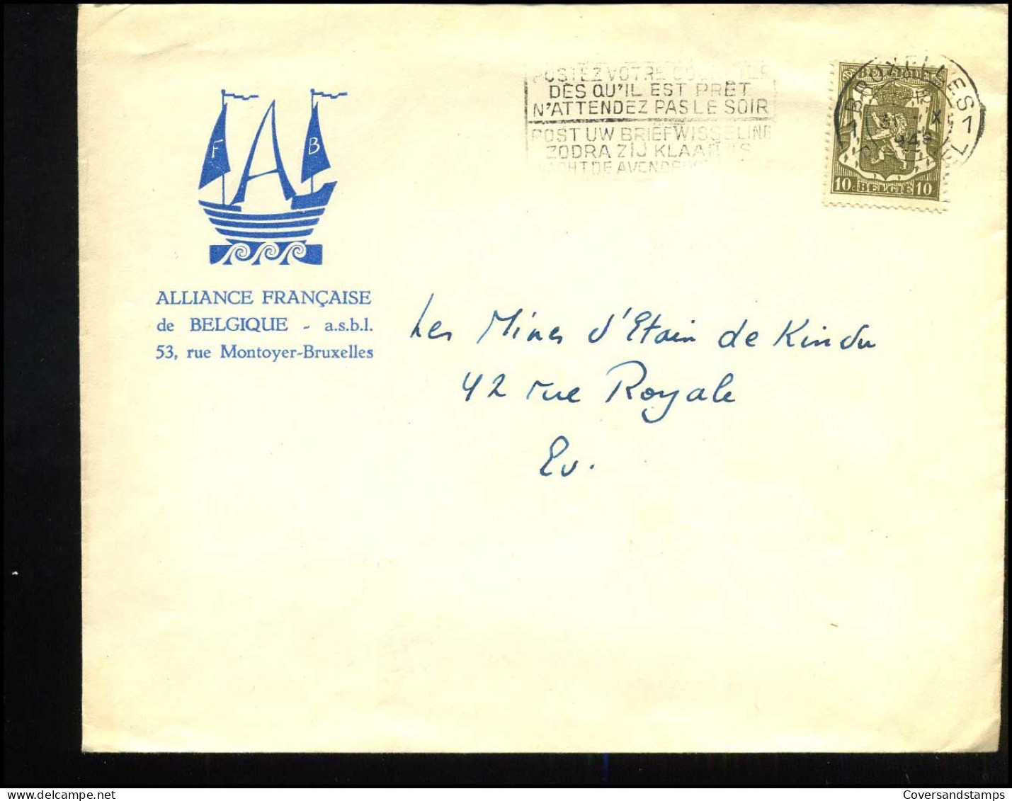 Cover Naar Bruxelles - "Alliance Française De Belgique, Bruxelles" - 1935-1949 Kleines Staatssiegel