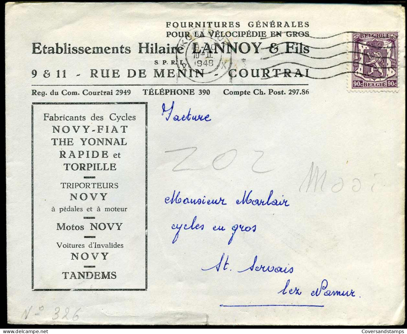 Cover Naar St. Servais - "Etablissements Hilaire Lannoy & Fils, Courtrai" - 1935-1949 Small Seal Of The State