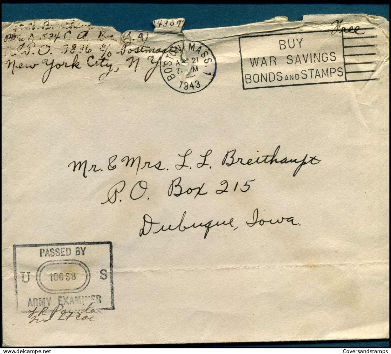 Cover To Dubuque, Iowa - Passed By US 10638, Army Examiner - Brieven En Documenten