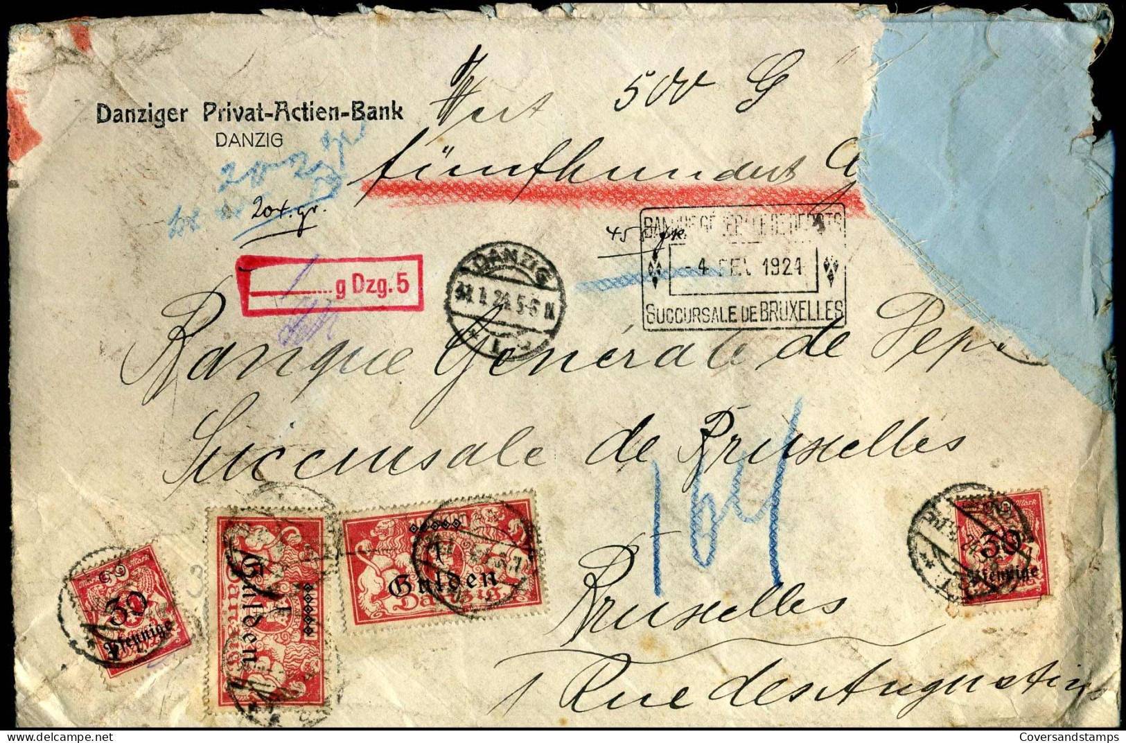 Registered Cover To Bruxelles - "Danziger Privat-Actien-Bank - Banque Générale De Dépots, Succursale De Bruxelles" - Storia Postale