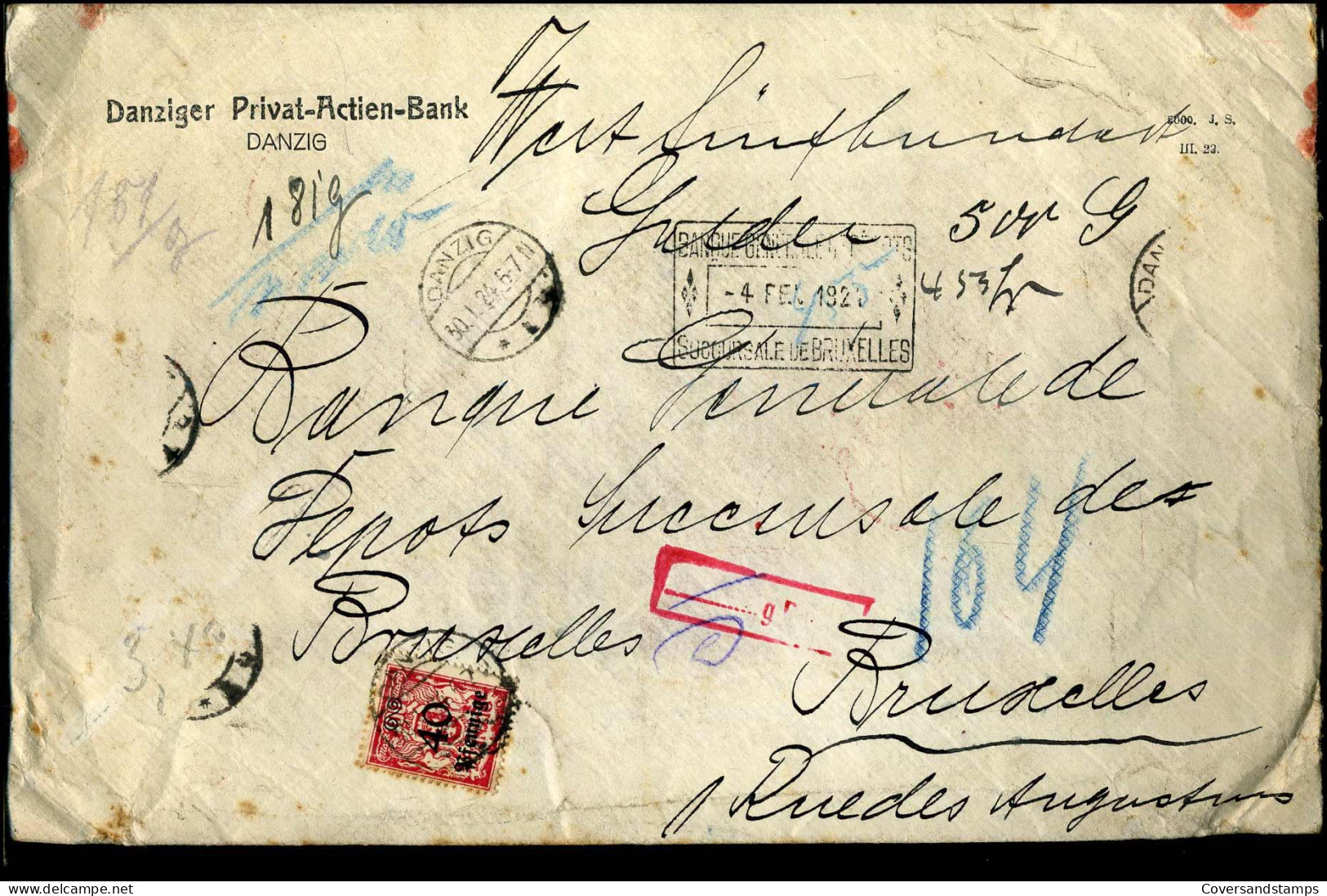 Registered Cover To Bruxelles - "Danziger Privat-Actien-Bank - Banque Générale De Dépots, Succursale De Bruxelles" - Cartas & Documentos