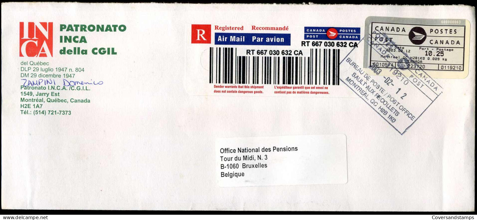 Registered Cover To Brussels, Belgium - "Patronato INCA Della CGIL, Montreal" - Cartas & Documentos