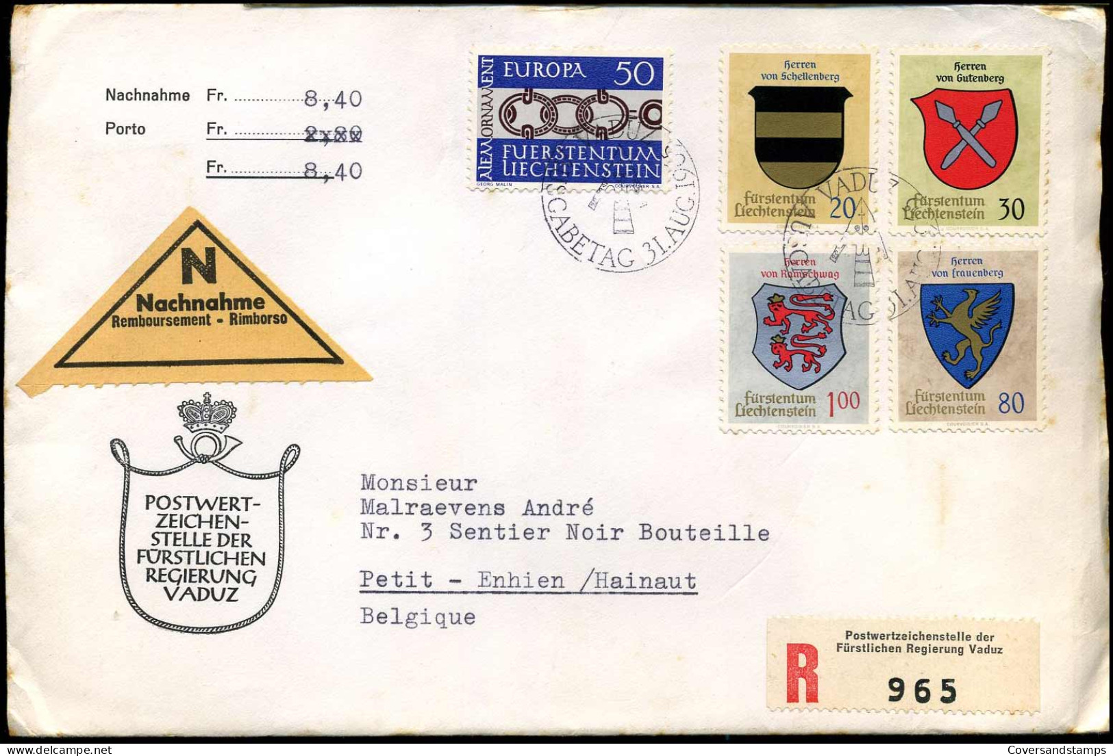 Registered Cover To Petit-Enghien, Belgium - Nachnahme/remboursement - Briefe U. Dokumente