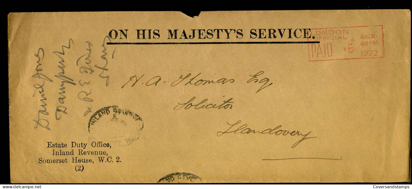 Cover To Llandovery - "On His Majesty's Service' - Covers & Documents