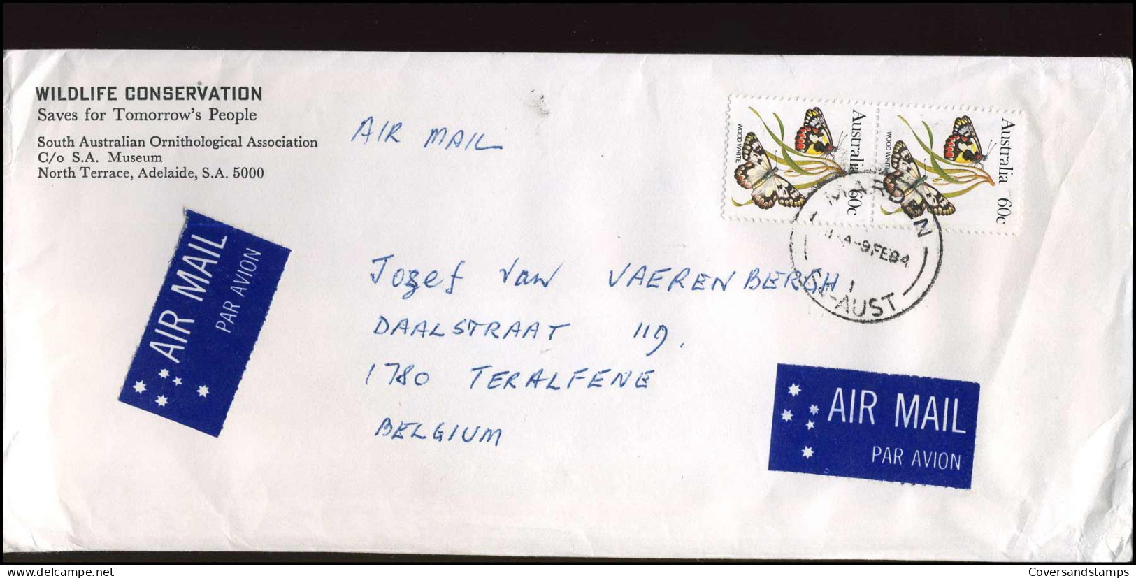 Cover To Teralfene, Belgium - 'Wildlife Conservation Saves For Tomorrow's People, Adelaide' - Storia Postale