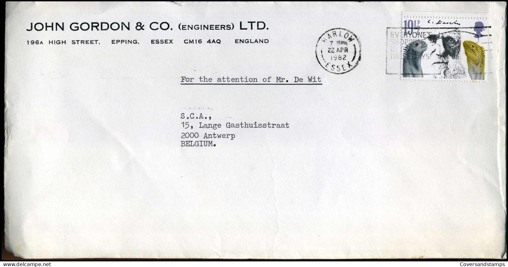 Cover To Antwerp, Belgium - 'John Gordon & Co (engineers) Ltd., Essex' - Lettres & Documents