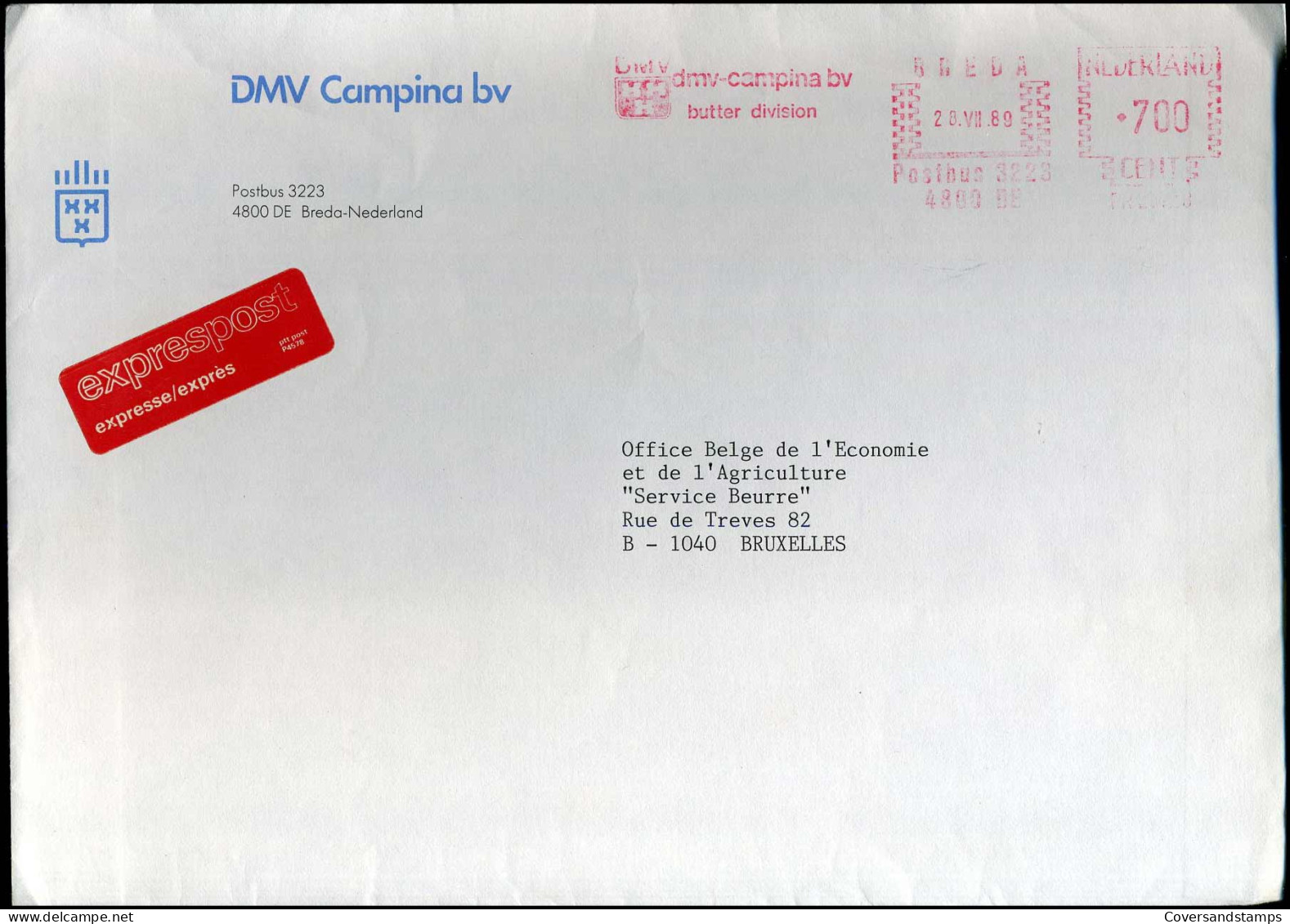 Express Cover To Brussels, Belgium - 'DMV Campina Bv' - Cartas & Documentos