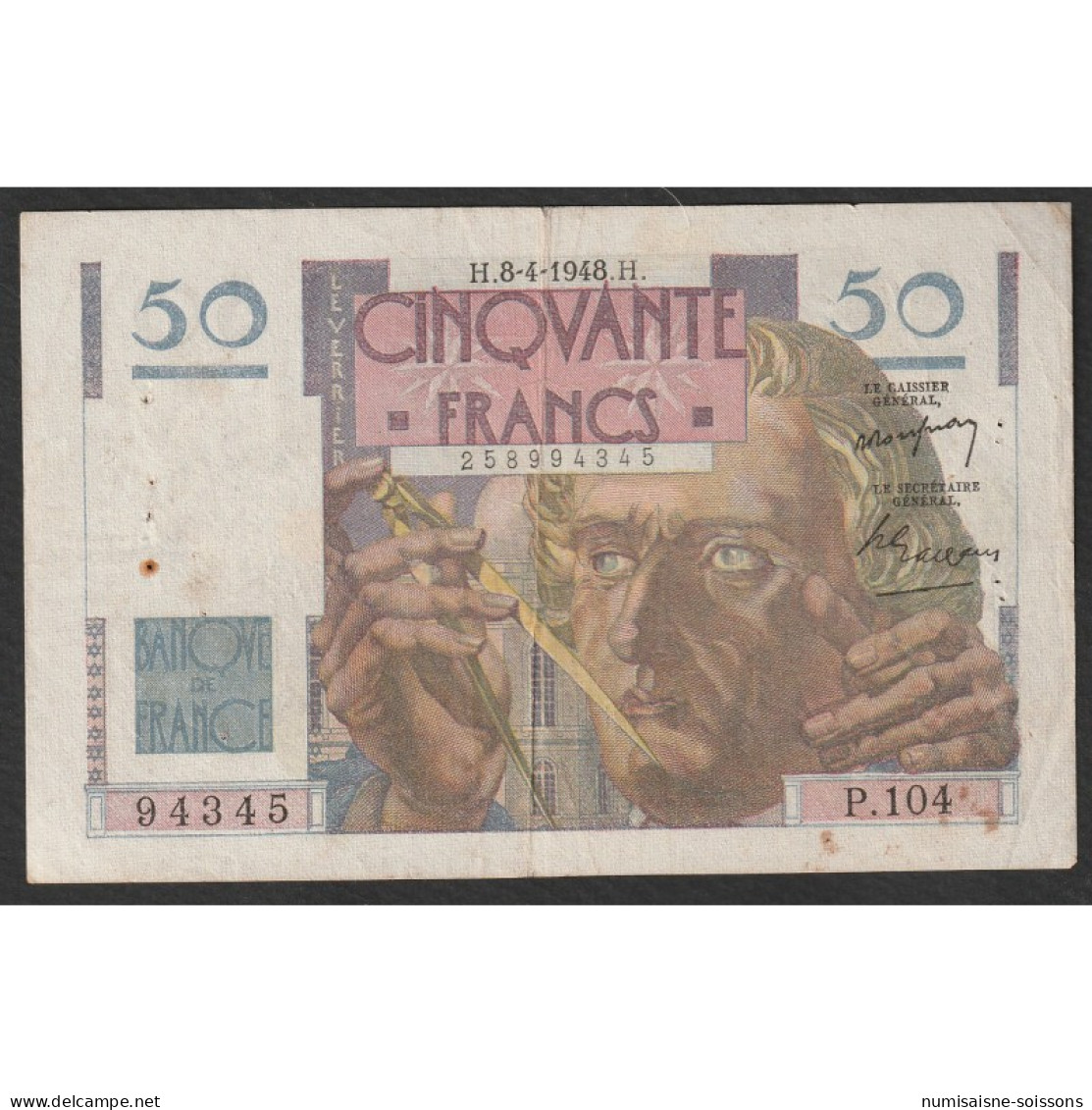 FAY 20/10 - 50 FRANCS LE VERRIER - 08/04/1948 - P.104 -  PICK 127 - TB+ - Unclassified