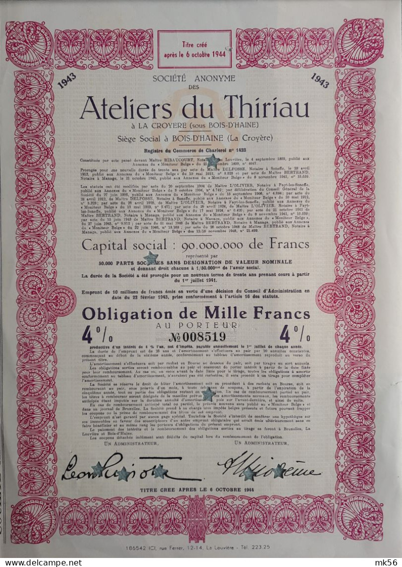Ateliers Du Thiriau - 1943 - Bois-d'Haine - Obligation - Sonstige & Ohne Zuordnung