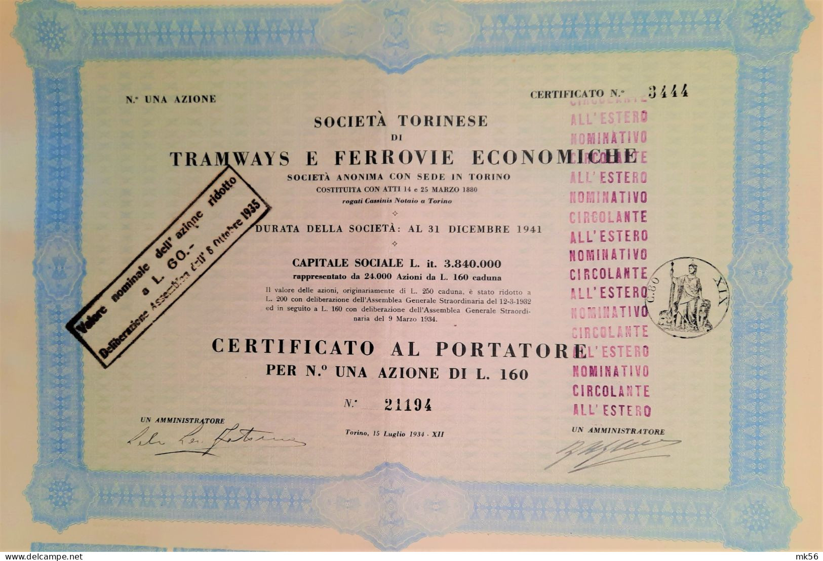 Societa Torinese Di Tramways E Ferrovice Economiche - Certificato Al Portatore (1934) - Ferrovie & Tranvie