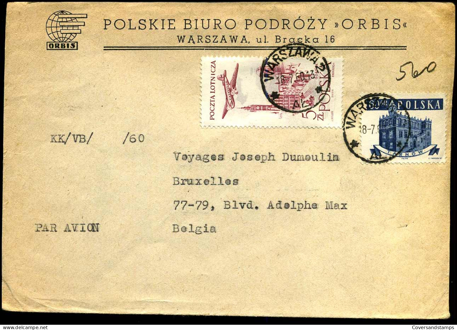 Cover To Brussel, Belgium - "Polskie Buro Podrozy 'Orbis', Warszawa" - Cartas & Documentos