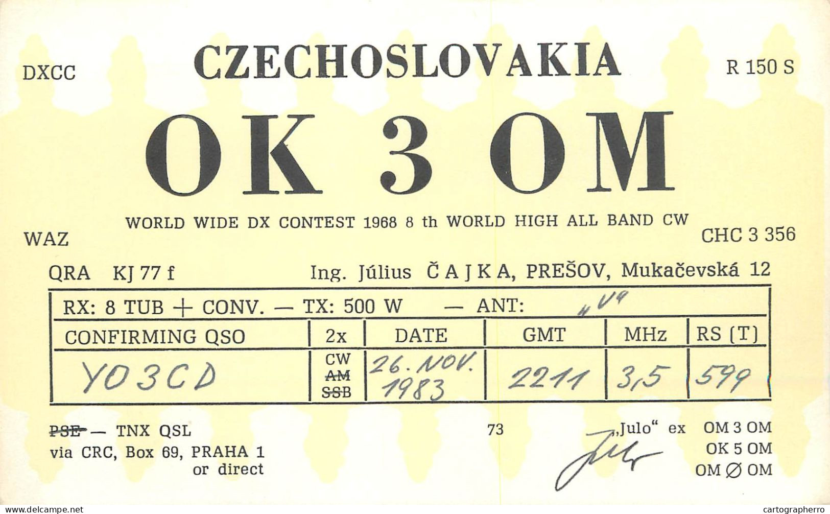 Radio Amateur QSL Post Card Czechoslovakia Y03CD OK3OM - Radio Amatoriale
