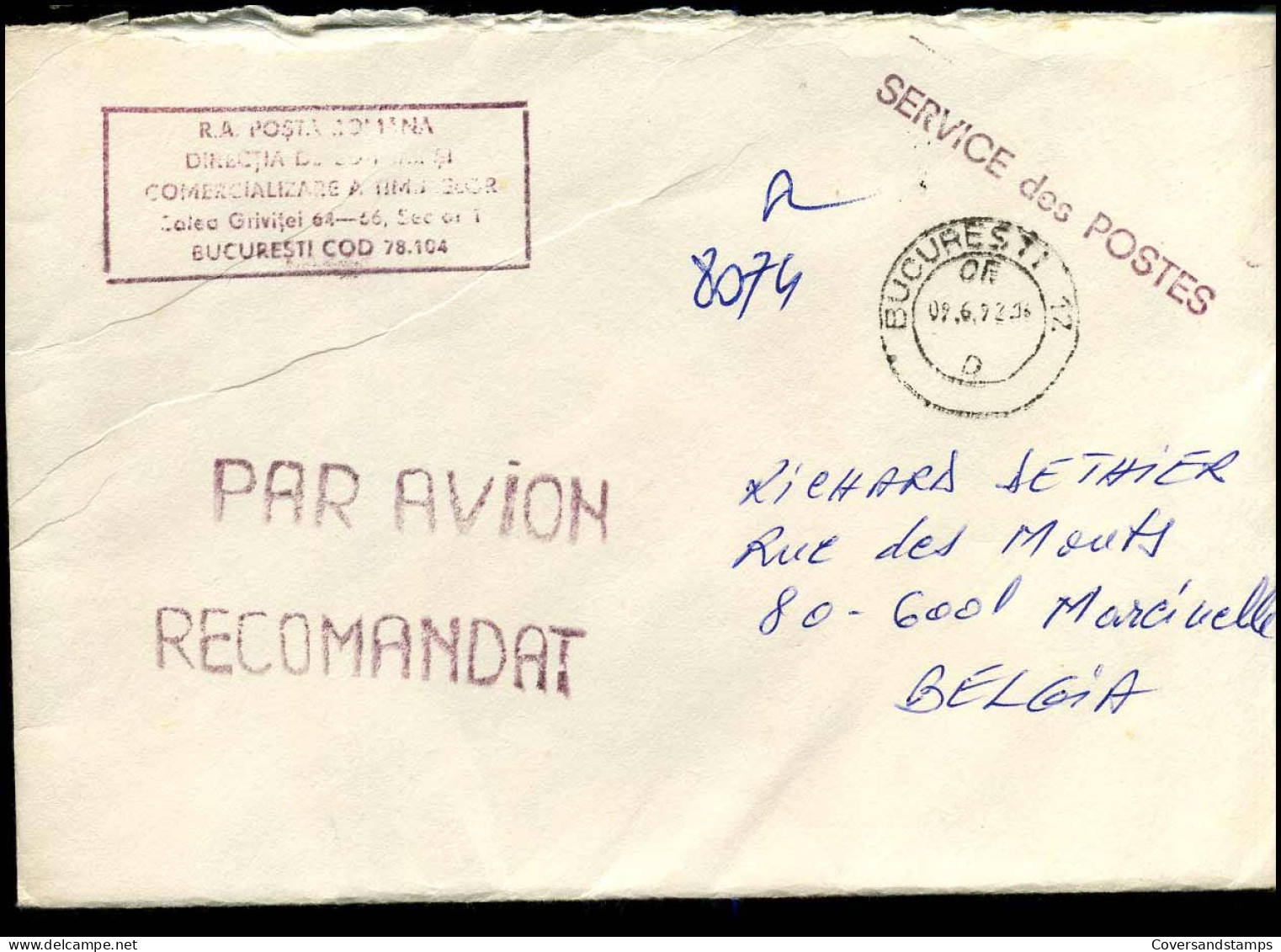 Registered Cover To Marcinelle, Belgium - "Service Des Postes" - Covers & Documents