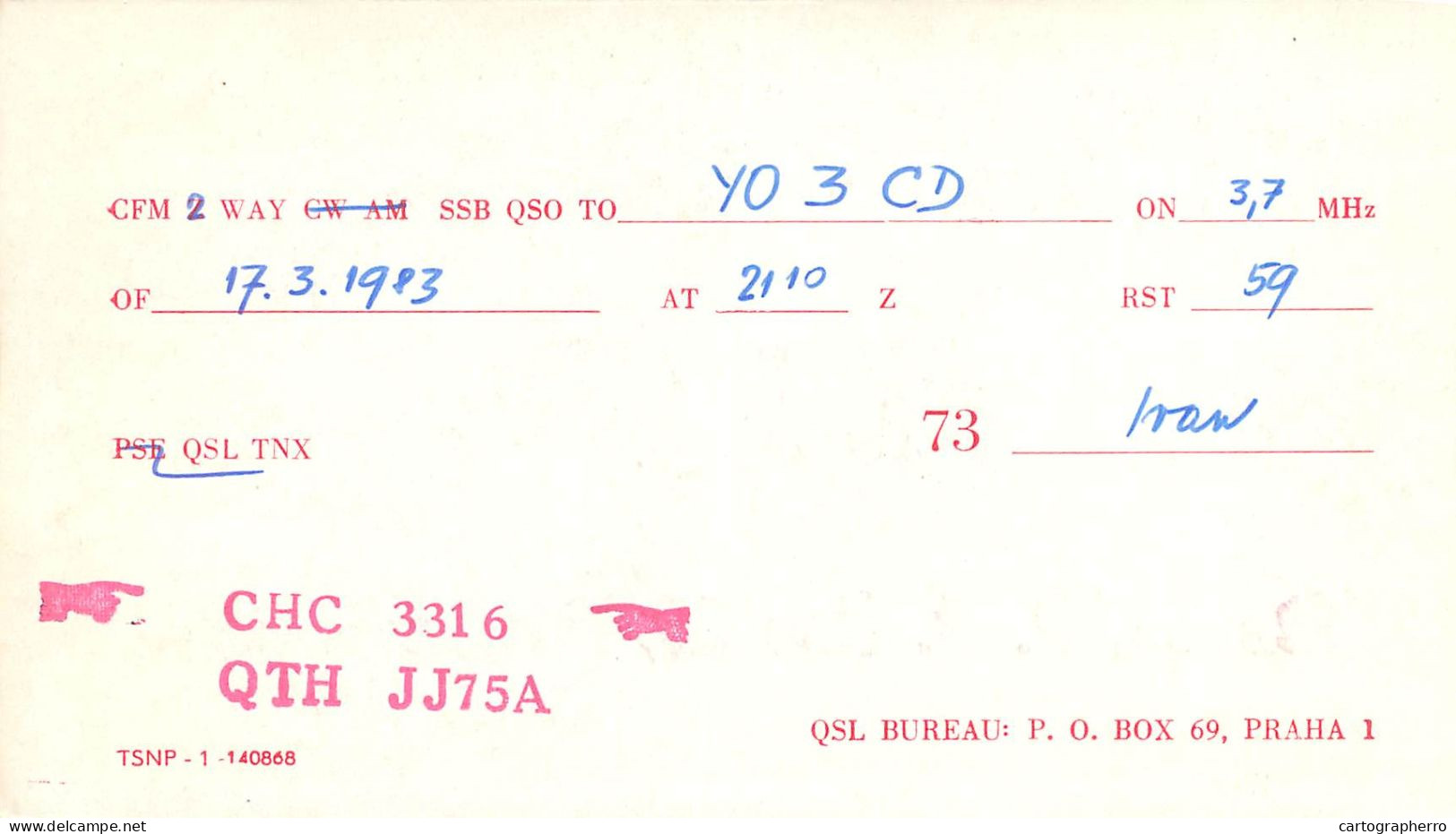 Radio Amateur QSL Post Card Czechoslovakia Y03CD OK3KFV - Radio Amateur