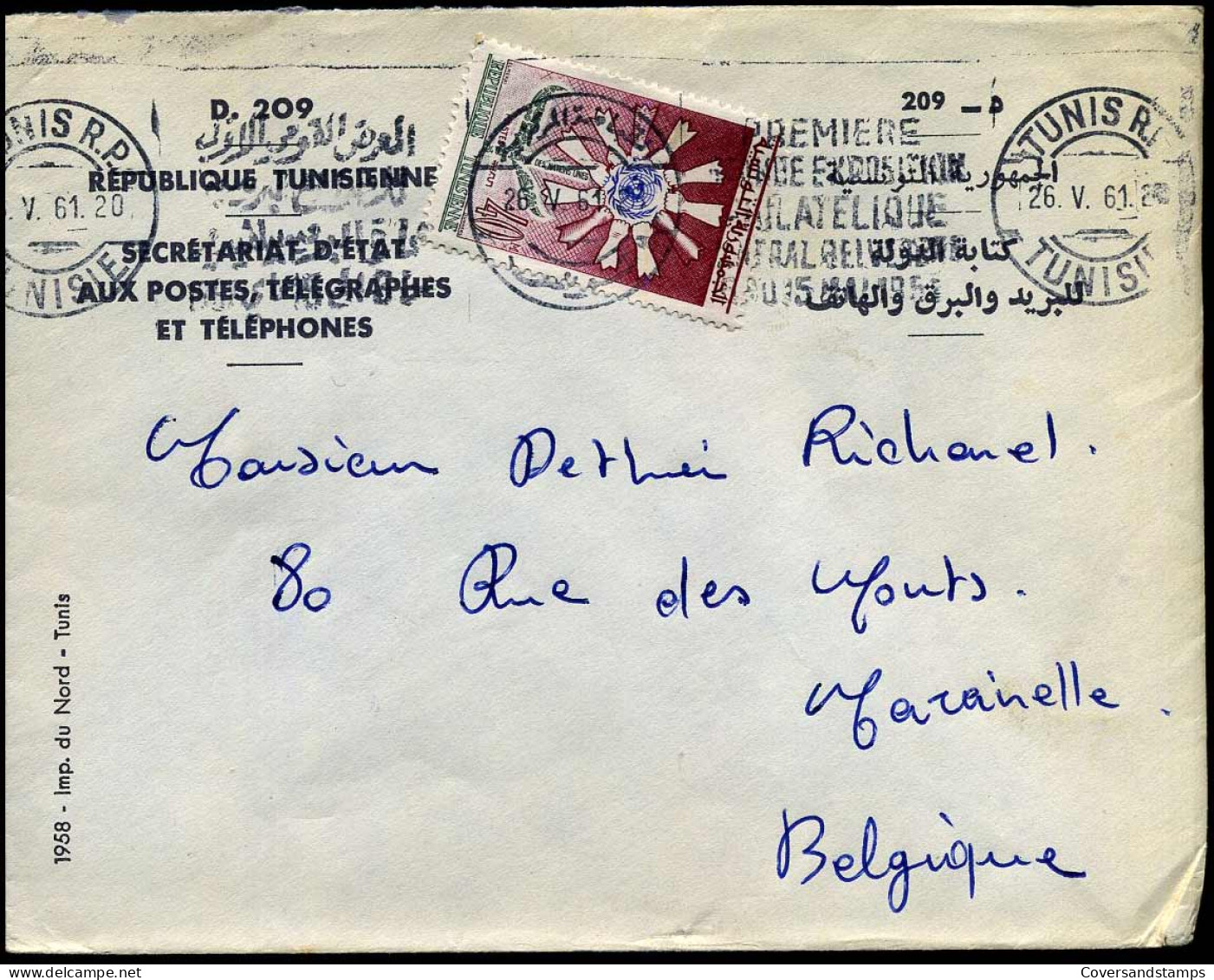 Cover To Marcinelle, Belgium - "République Tunisienne, Sécrétariat D'état Aux Postes, Télégraphes Et Téléphones" - Tunisia