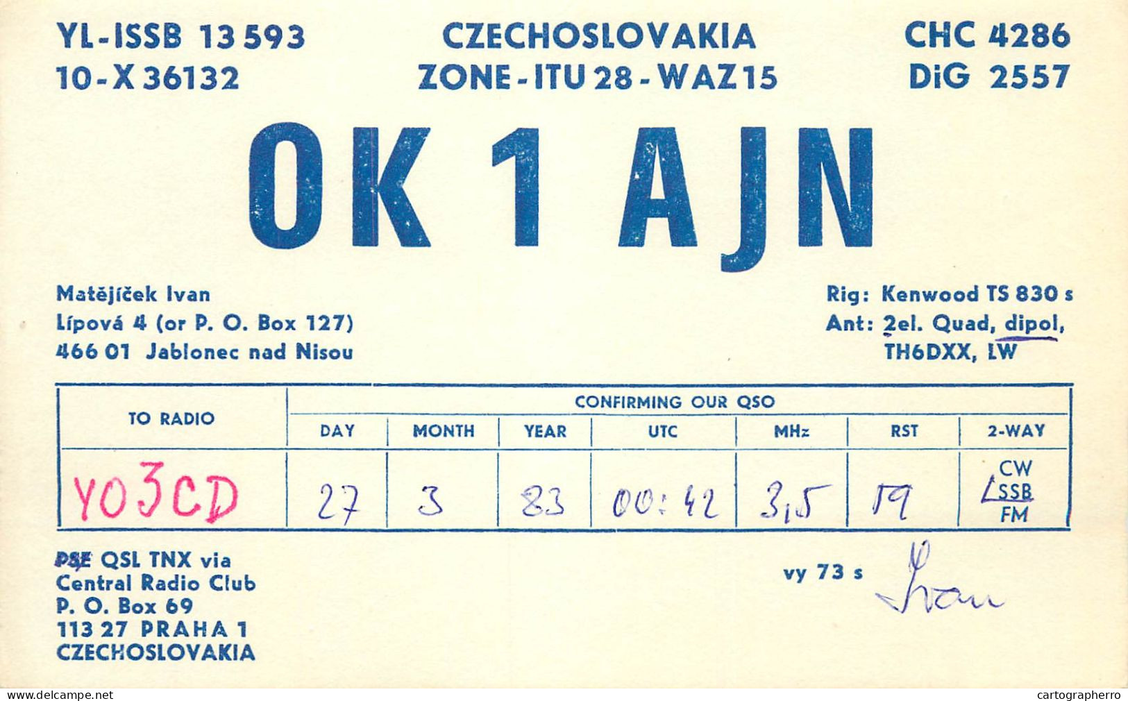 Radio Amateur QSL Post Card Czechoslovakia Y03CD OK1AJN - Amateurfunk