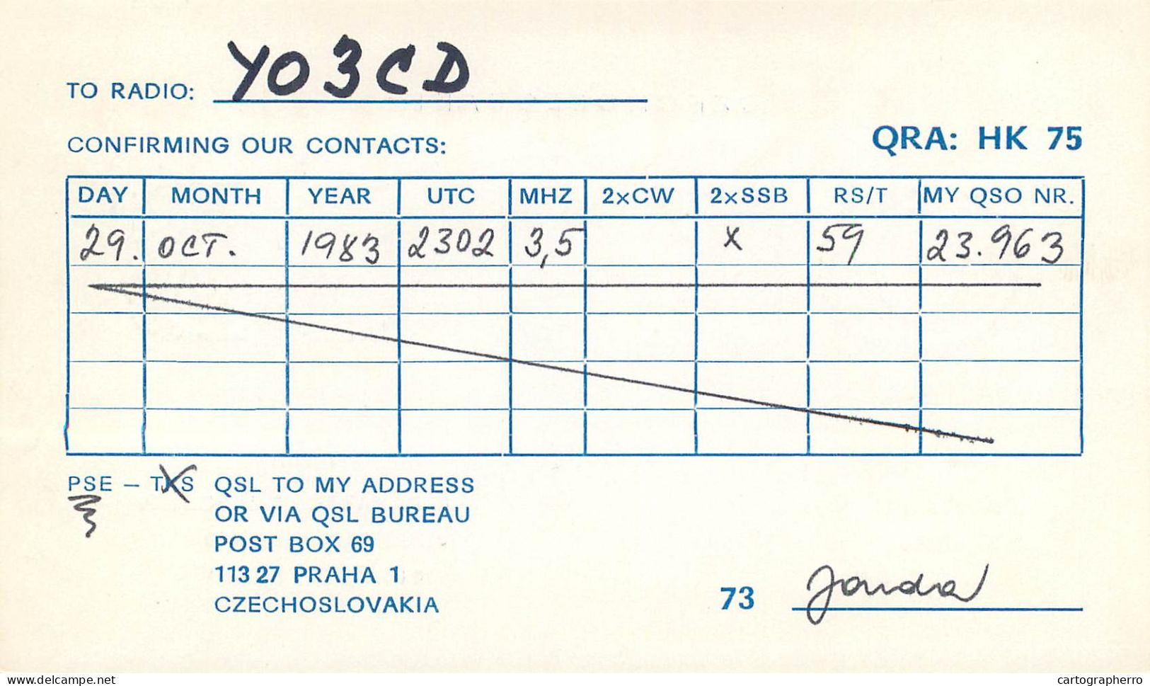 Radio Amateur QSL Post Card Czechoslovakia Y03CD OK1BB - Amateurfunk