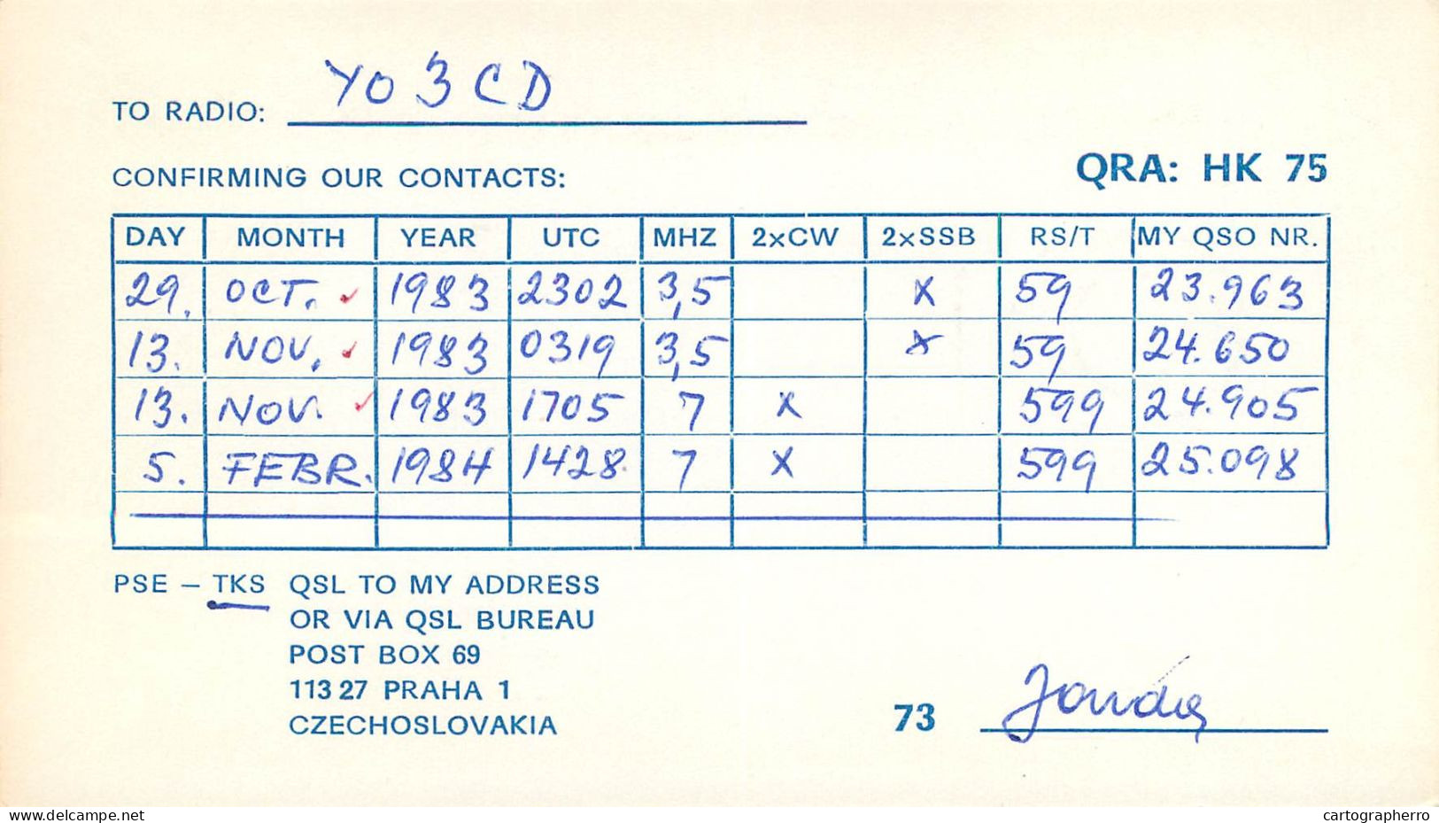 Radio Amateur QSL Post Card Czechoslovakia Y03CD OK1BB - Amateurfunk