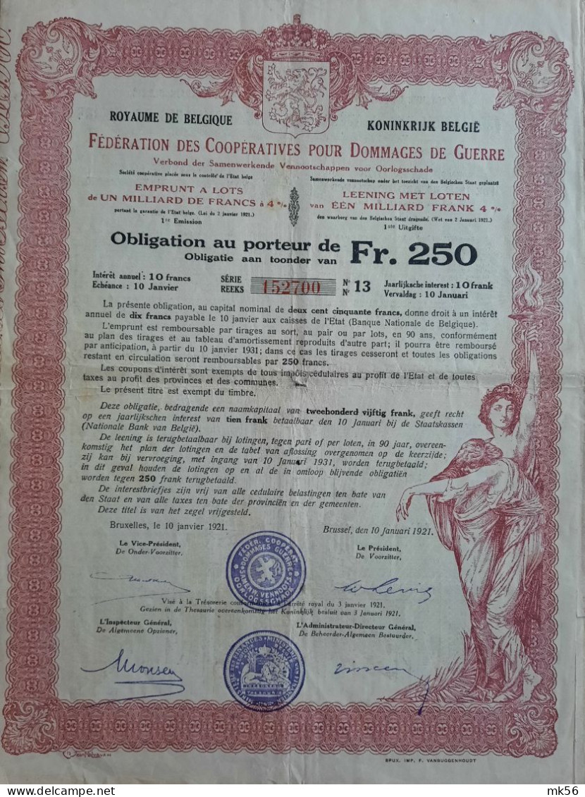 Koninkrijk Belgie - Verbond Der Samenwerkende Vennootschappen Voor Oorlogsschade - 1921 - Obligation 250 Fr 4% - Other & Unclassified