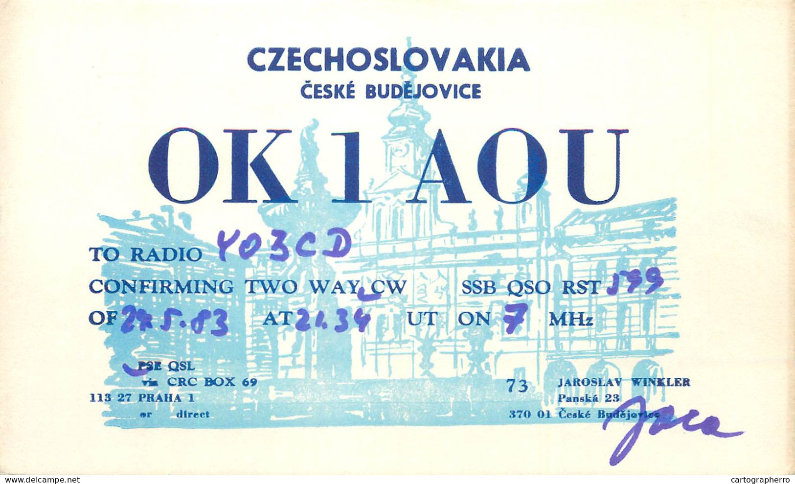 Radio Amateur QSL Post Card Czechoslovakia Y03CD OK1AOU - Radio-amateur