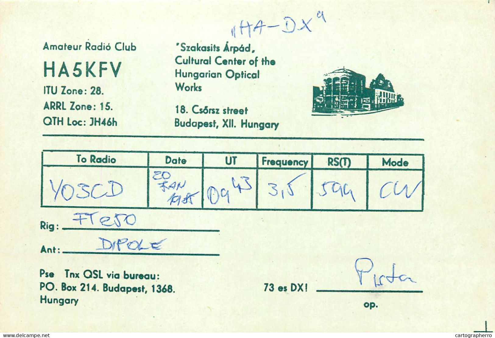 Radio Amateur QSL Post Card Hungary Y03CD HA5KFV - Amateurfunk