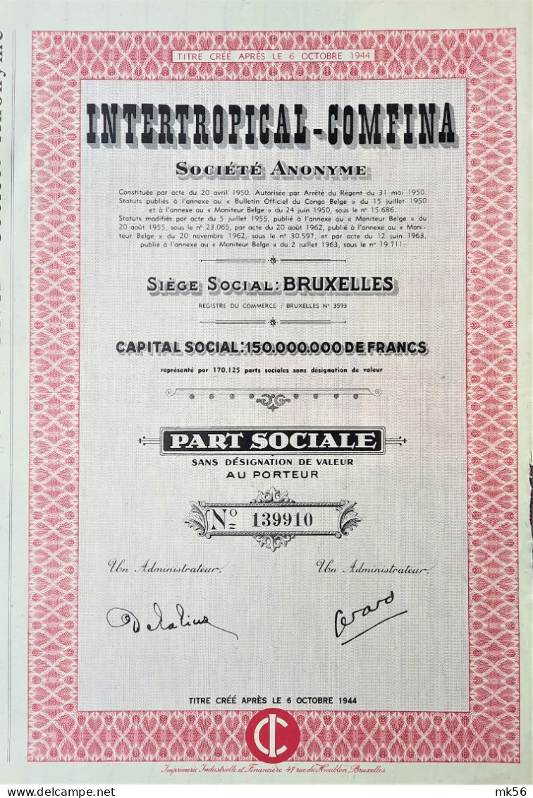 Intertropical-Comfina - Brussel - Part Sociale - 1963 - Banca & Assicurazione