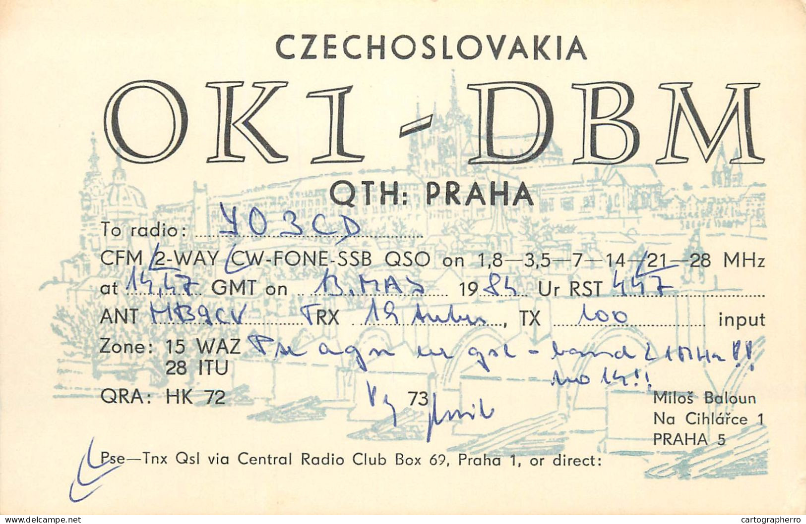 Radio Amateur QSL Post Card Y03CD OK1DBM Prague - Amateurfunk