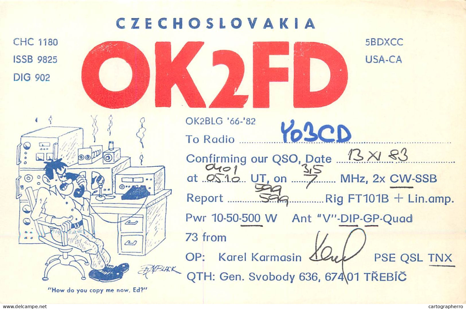 Radio Amateur QSL Post Card Y03CD OK2FD Czechoslovakia - Amateurfunk